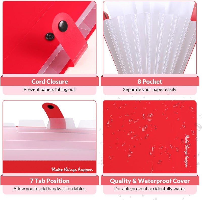 Skydue 8 Pockets Expanding File Organizer, Expandable File Folders with Pockets, Portable Document Paper Organizer, A4 Letter Size Filing Folder, Snap Closure, Red - Image 4